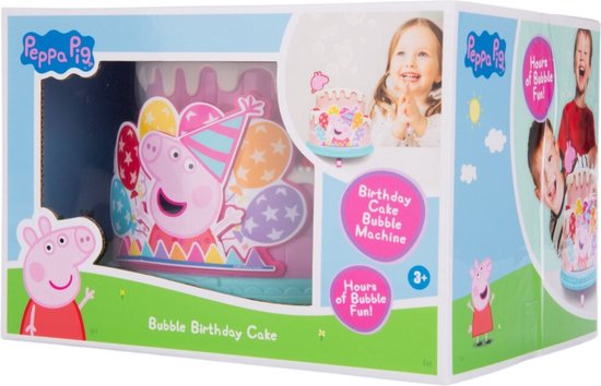 Gâteau d'anniversaire à bulles Peppa Pig en emballage avec des images d'enfants qui jouent.