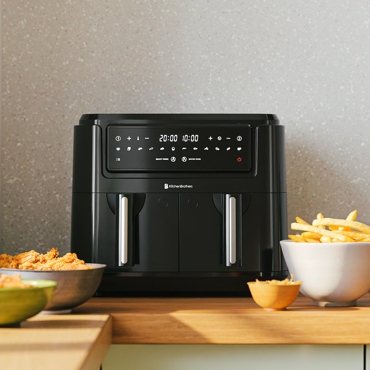 KitchenBrothers Dubbele Airfryer - PFAS-Vrij - 2400W - 9L - Heteluchtfriteuse - Dual Zone - Dubbele Mand - 50ºC tot 200ºC - 10 Kookprogramma's - Zwart — afbeelding 6