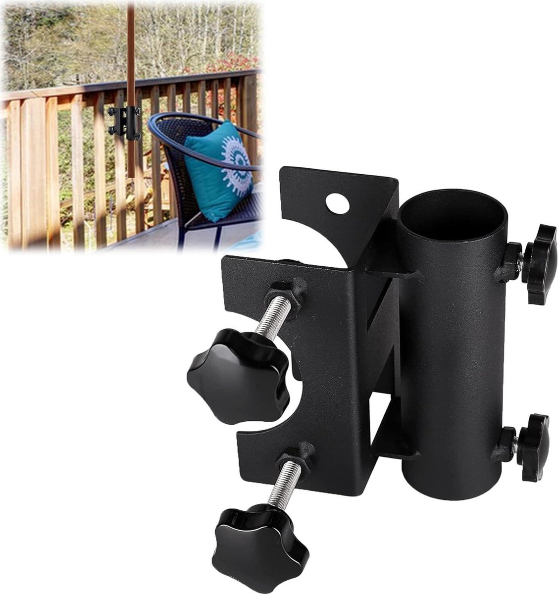 Parasolhouder voor balkon hek terras robuust en verstelbaar klembereik 20 mm-63 mm diameter paraplu 23 mm-38 mm parasolvoet op wielen