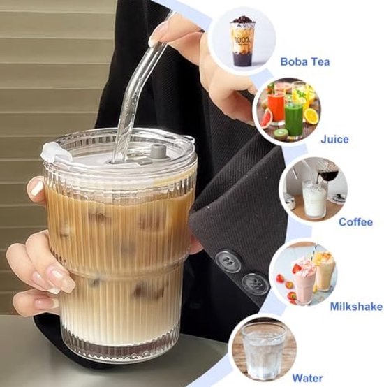 ALINK 2 stuks 400ml glazen beker met deksel en rietje, glazen smoothiebeker met rietje, luchtdicht waterdicht design koffiebeker reisbeker, ijskoffiebeker, drinkglas