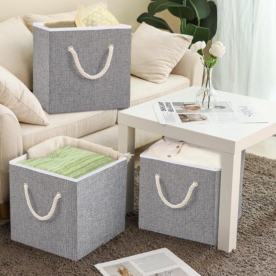 Lot de 3 paniers de rangement pliables – Bacs de rangement ouverts – Poignées en corde épaisse – Organiser les Planches – Vêtements – 33 x 33 x 33 cm – Grijs SNK033G-3