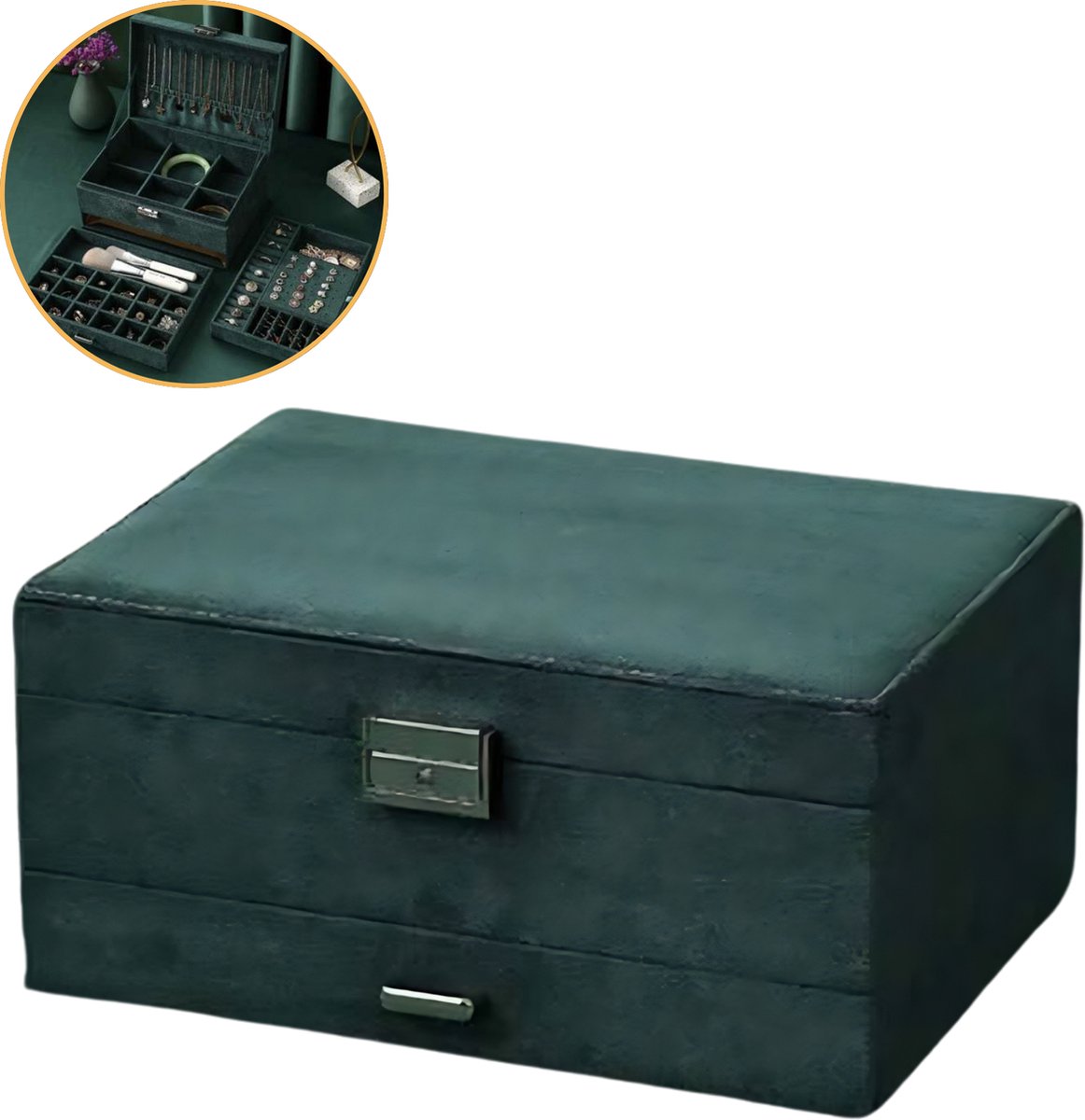 Bobbel Home - Luxe sieradendoos - Juwelendoos - Velvet - Donkergroen - Geschenk voor haar - Kerst - Rechthoek - 18 Vakken - 11x24.5x18 cm