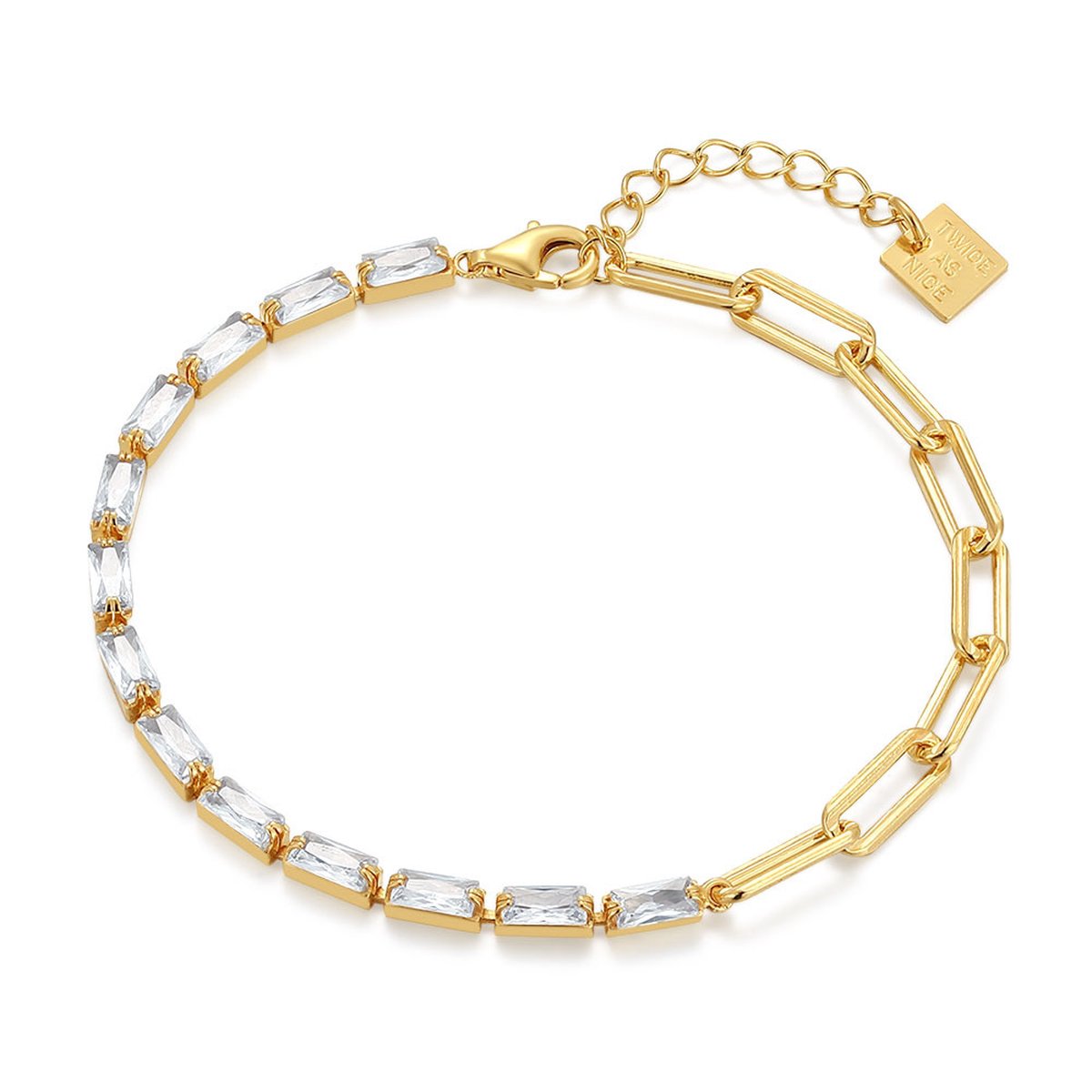 Twice As Nice Armband in 18kt verguld zilver, rechthoekige steentjes 16cm+3cm