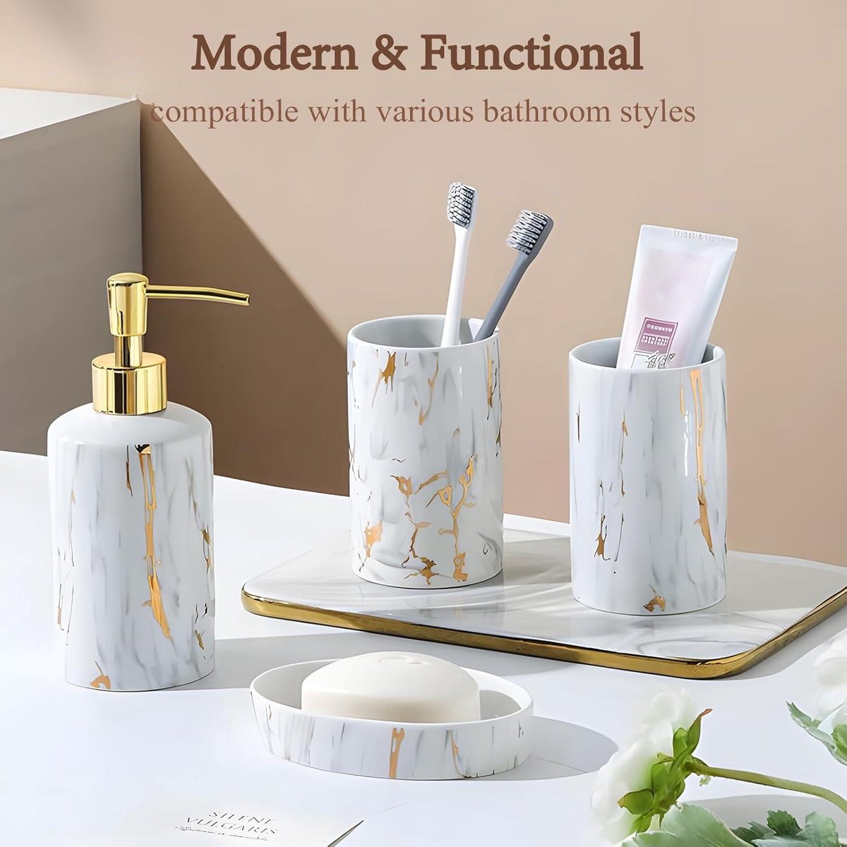Home badkamer accessoires set 4-delige pak marmeren keramiek badkamer accessoires set soap dispenser tandenborstel houder gorgels cup zeep afwasbadproducten geschikt for hotelbadkamers