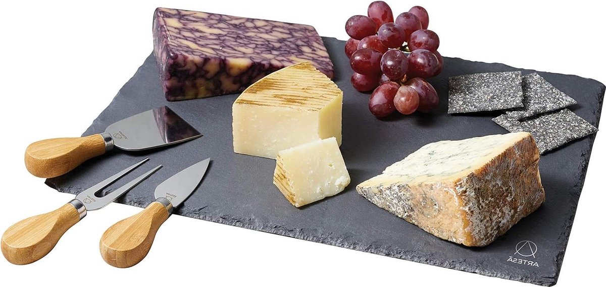 Leistenen kaasmes en kaasplankset in geschenkverpakking - 4-delig - Luxe kaasplank set