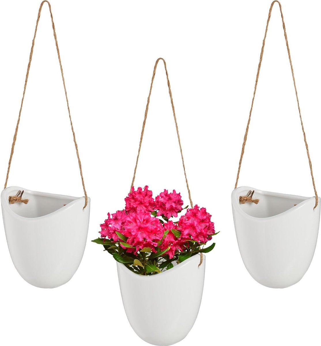 Hangende bloempot set van 3 plantenhanger muur binnen met touw planten & bloemen keramiek wandvaas wit