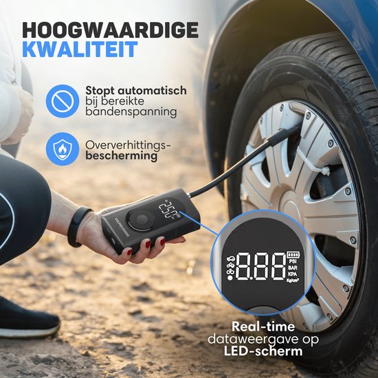 Vulpes Goods® Tech - Draagbare Compressor Bandenpomp - 6400mAh - Elektrische Fietspomp - Luchtcompressor voor Auto, Scooter, Fiets, Bal en Luchtbed - Incl. 7 opzetstukken - Zaklamp - Powerbank - Reiskoffer - PRO — afbeelding 3