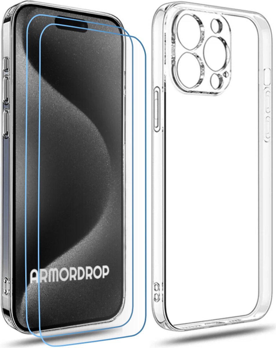 ArmorDrop Transparant Hoesje Inclusief 2x Screenprotector Geschikt Voor iPhone 15 Pro