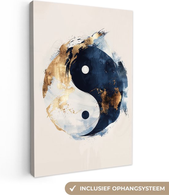 Abstract Yin Yang symbool met gouden accenten, blauw en wit, op een crèmekleurige achtergrond. Inclusief ophangsysteem.