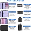 Een 8-delige set van zwarte packing cubes, waaronder een extra grote, grote, medium, en ondergoed organizer, plus een toilettas, ritsluiting, trekkkoord en schoenentas.