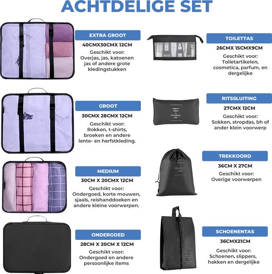 Een 8-delige set van zwarte packing cubes, waaronder een extra grote, grote, medium, en ondergoed organizer, plus een toilettas, ritsluiting, trekkkoord en schoenentas.