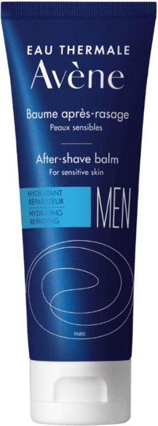 Donkerblauwe tube met witte dop, met witte tekst en een cirkelvormig logo voor Avène Men Aftershave Balsem.