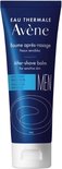 Donkerblauwe tube met witte dop, met witte tekst en een cirkelvormig logo voor Avène Men Aftershave Balsem.