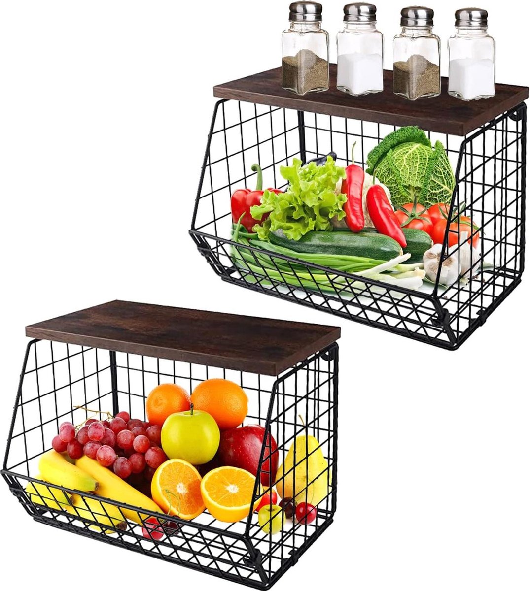 Fruitrek Hangende Fruitmand met Houten Deksel - Metaal Draadmand Bananenhouder - Opbergrek voor Groenten en Fruit - Hangmand Keukenopslag
