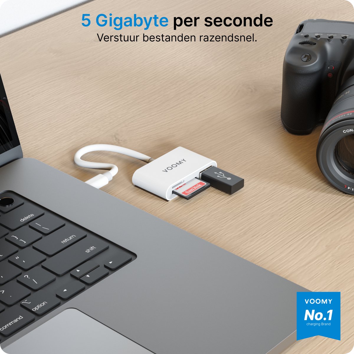 Voomy SD Kaart Lezer - 3 in 1 - SD / Micro SD / TF Card Reader - USB C & USB A - Kaartlezer Wit - Geschikt voor Laptop / Smartphone / Tablet / Universeel — afbeelding 3