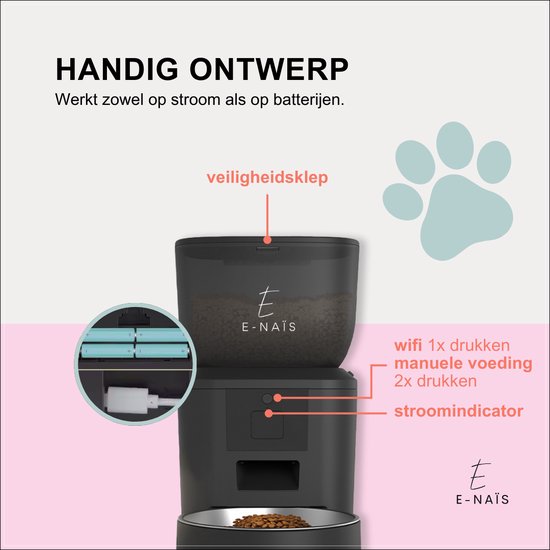 E-Naïs® Automatische voerbak - Automatische voerbak kat - Gebruiksvriendelijk/ Voerautomaat kat – Voedingsschema/Besturing via app – Voederautomaat - WiFi 2.4ghz - 4 Liter – Voerdispenser - Spraakopname - Kat en Hond