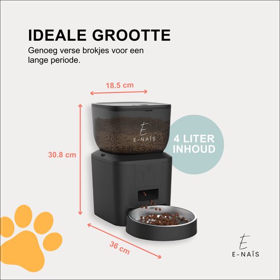 E-Naïs® Automatische voerbak - Automatische voerbak kat - Gebruiksvriendelijk/ Voerautomaat kat – Voedingsschema/Besturing via app – Voederautomaat - WiFi 2.4ghz - 4 Liter – Voerdispenser - Spraakopname - Kat en Hond
