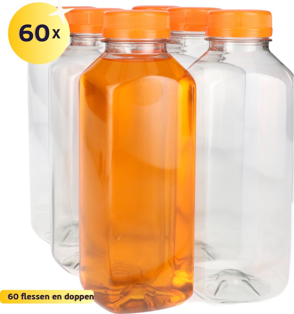 60 x Sapfles Plastic 500 ml - Vierkant - R-PET Flessen met Dop Oranje- Gerecycled PET - tot 60% minder Co2 uitstoot - 60 stuks