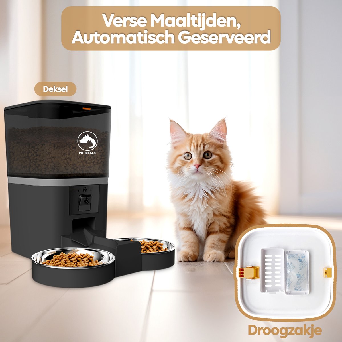 Afbeelding 2 van PetMeals® Automatische Voerbak Kat en Hond - Twee Voerbakken - met App en Camera - 6 L - Zwart