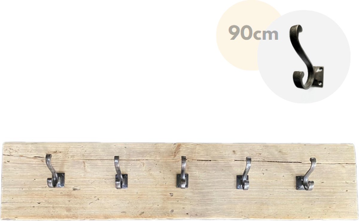 Wandkapstok - Kapstok - 5 haken - Wandplank - Kapstok dubbele haak gietijzer - Steigerhout - 90 cm