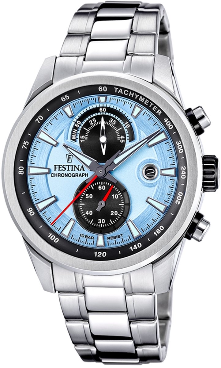 Festina F20694-2 Heren Horloge - Chronograaf - Mineraalglas - Roestvrijstaal-Staal - Zilverkleurig - Ø 44 mm - Quartz - Vouw-Vlindersluiting