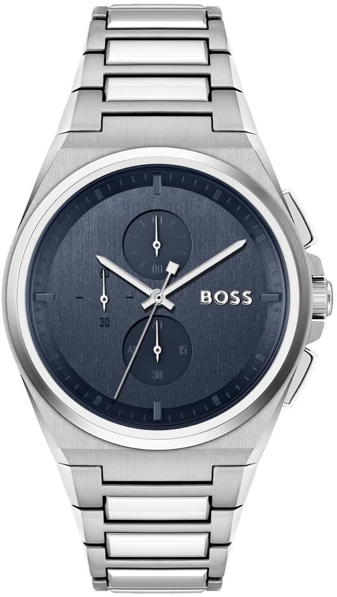 BOSS HB1514048 STEER CHRONO Heren Horloge - Chronograaf - Mineraalglas - Staal - Zilverkleurig - 44 mm breed - Quartz - Vouw-Vlindersluiting