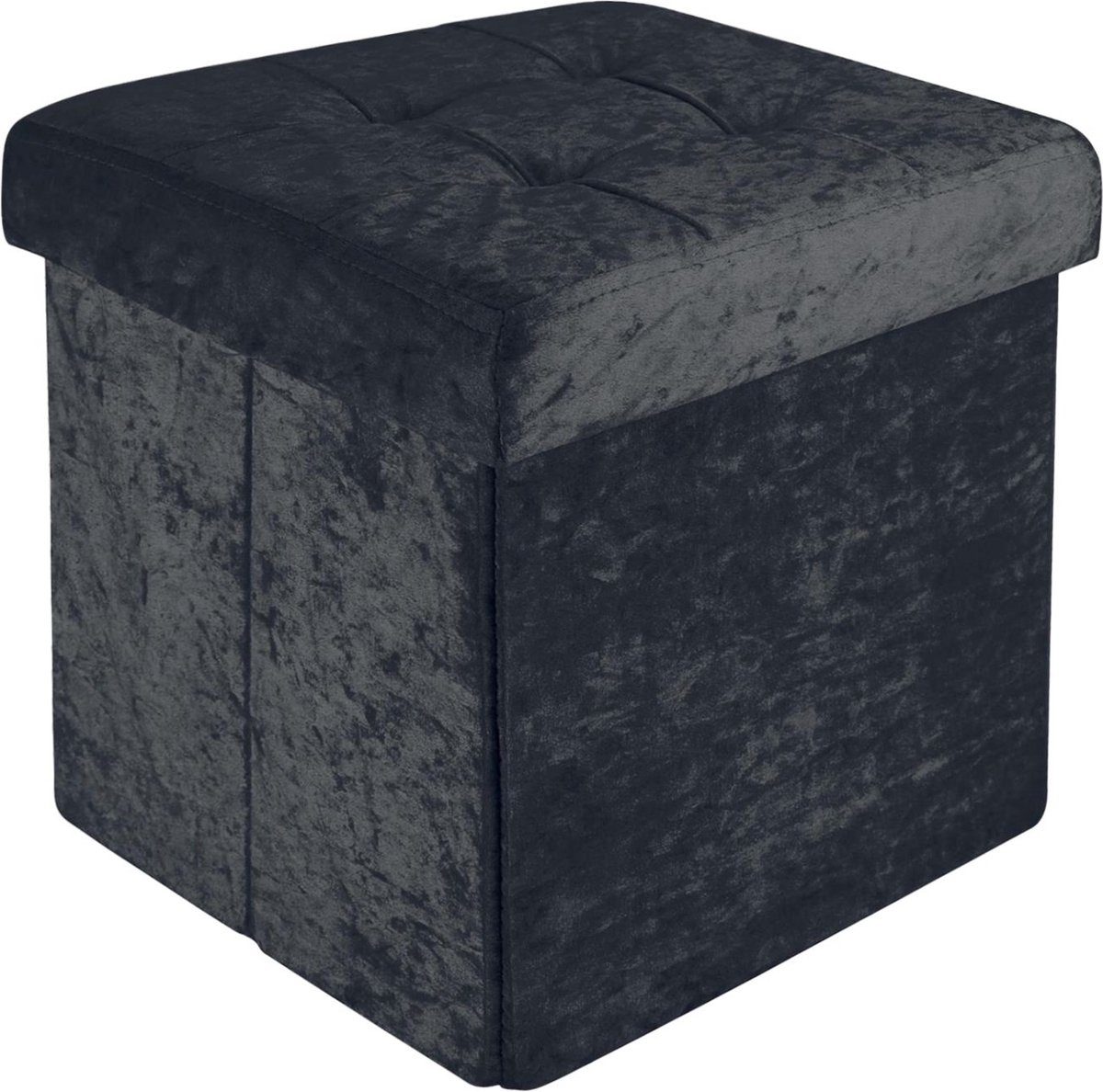 Intirilife Opvouwbaar krukje 38x38x38 cm in zwart fluweel - zitkubus met opbergruimte en deksel met fluwelen bekleding - zitkubus voetensteun opbergkist bankzitting