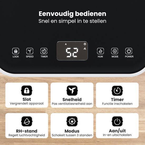 Witte Auronic luchtontvochtiger met digitaal display en functieknoppen: Lock, Speed, Timer, Hum, Mode, Power.