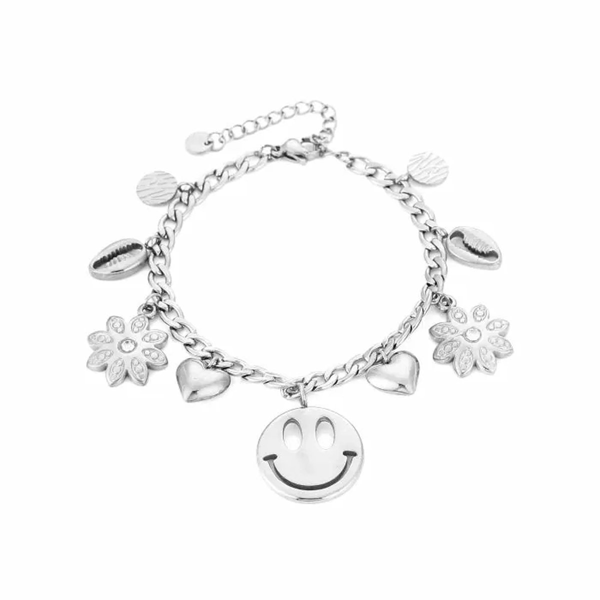Armband met bedels - zilver stainless steel sieraad - bedelarmband - smiley bloemen schelp hartjes