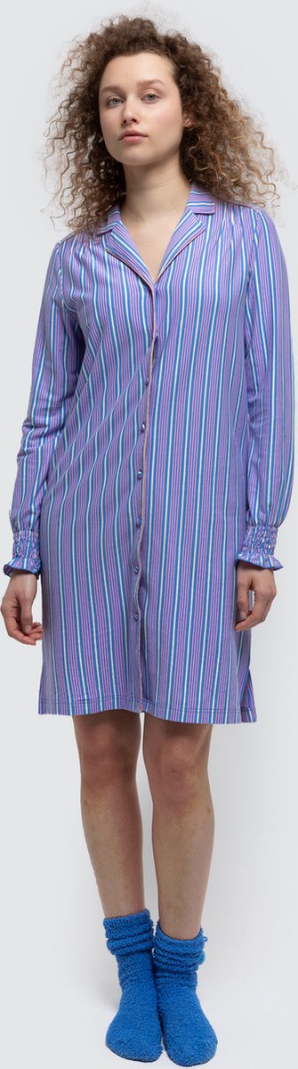 Lords & Lilies slaapkleed doorknoop dames - roze/blauw gestreept - 242-50-XDE-Z/987 - maat S