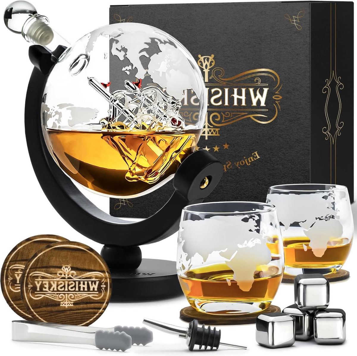Whiskey Karaf Wereldbol 900 ml - Whiskey Decanter - Geschenk voor Mannen - 4 Whiskey Stenen