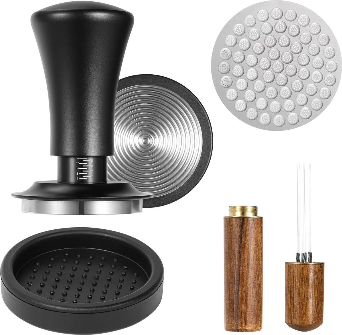 Koffie-tamper espresso tamper set koffiestamper met schaalinstelling Wdt Tool met espressonaald tampermat puck screen koffiefilter barista-set voor cafés en koffieliefhebbers (58 mm)