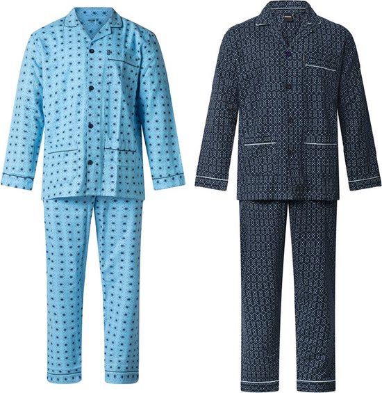 Foto: Gentlemen 2 warme klassieke heren pyjama s 9443 en 9450 met doorknoop flanel blauw en donkerblauw maat 52