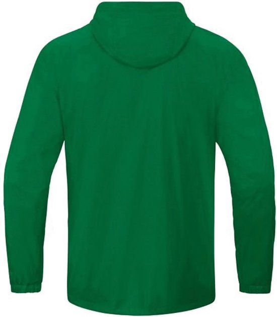 Achterkant groene Jako regenjas met capuchon.