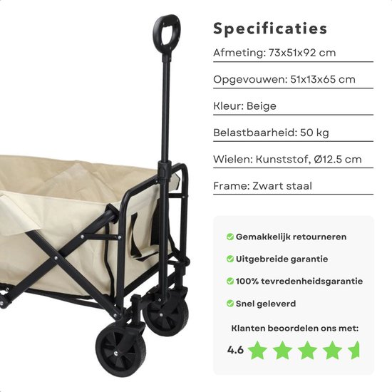Bolderkar - Strandkar met Wielen - Bolderwagen - Opvouwbare Outdoor Transportkar voor Stranduitjes - Handige Strandwagen met Handvat - 73x51x92cm - Beige van LifeGoods — afbeelding 2