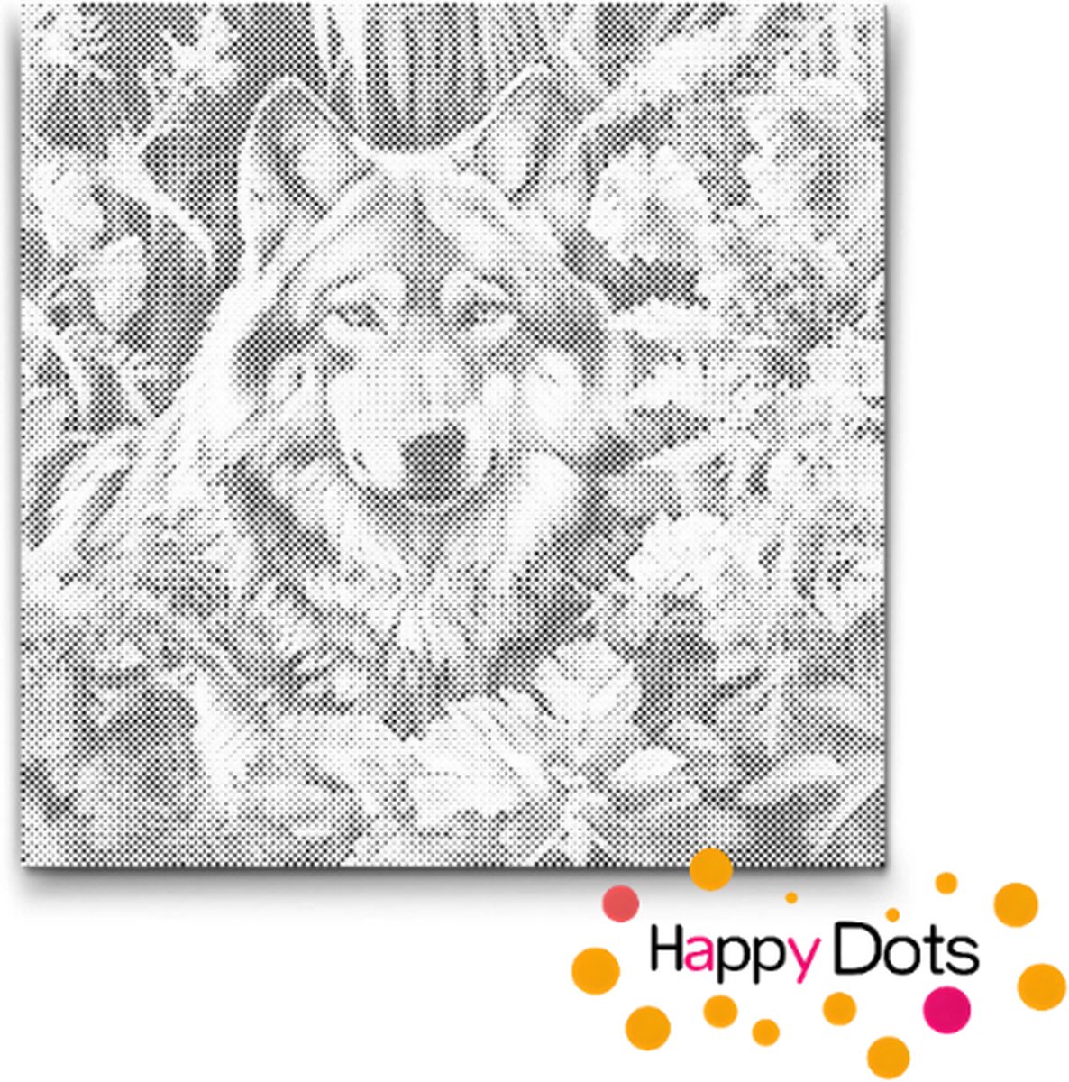 HappyDots DOT Painting Wolf tussen bloemen - Stippelschilderij 50x50cm
