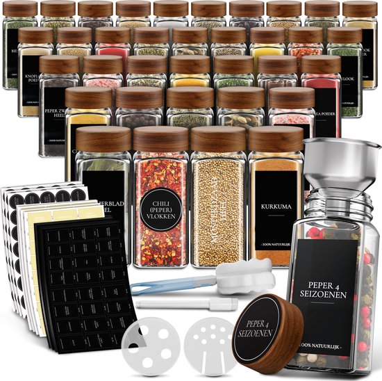 Foto: Soothe 36 glazen kruidenpotjes vierkant met acacia deksel 2 soorten strooideksels kruidenstrooier spice jars complete set incl kruiden stickers krijtstift en accessoires 120ml