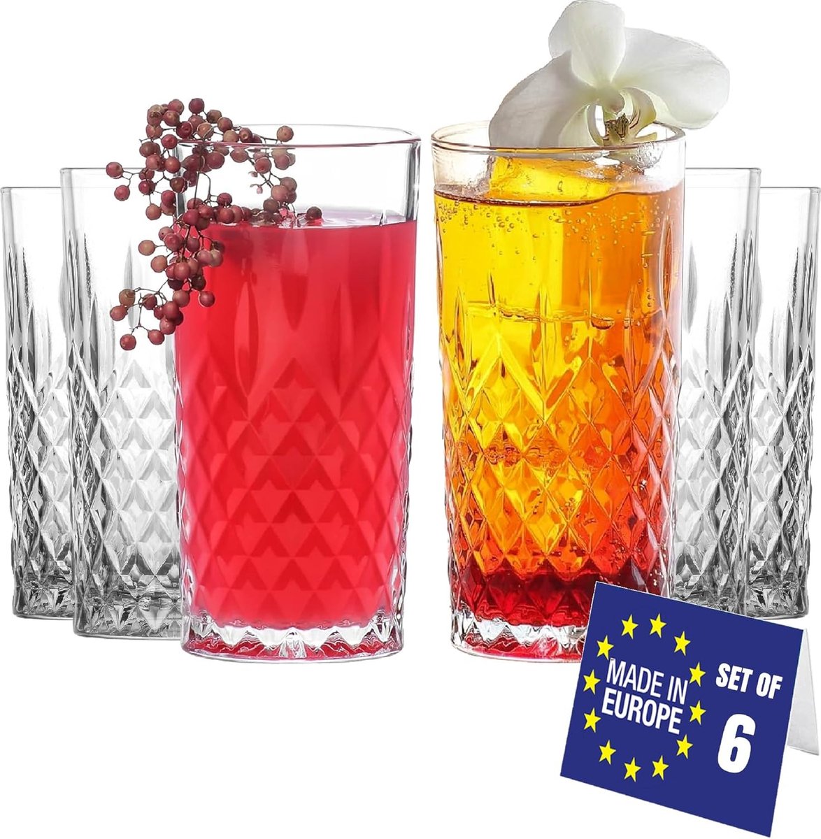 Nordic Schiller Luxe waterglazen, vaatwasmachinebestendig, drinkglazen, set van 6, 360 ml, 100% loodvrije kristallen glazen, drinkglazen, highball glazen, longdrinkglazen, waterglas, cocktailglazen