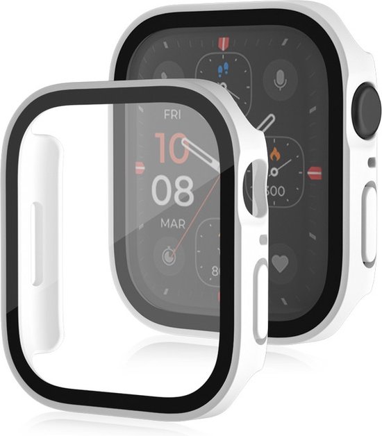 Witte bumper van gehard glas voor een Apple Watch, met een transparante voorzijde.
