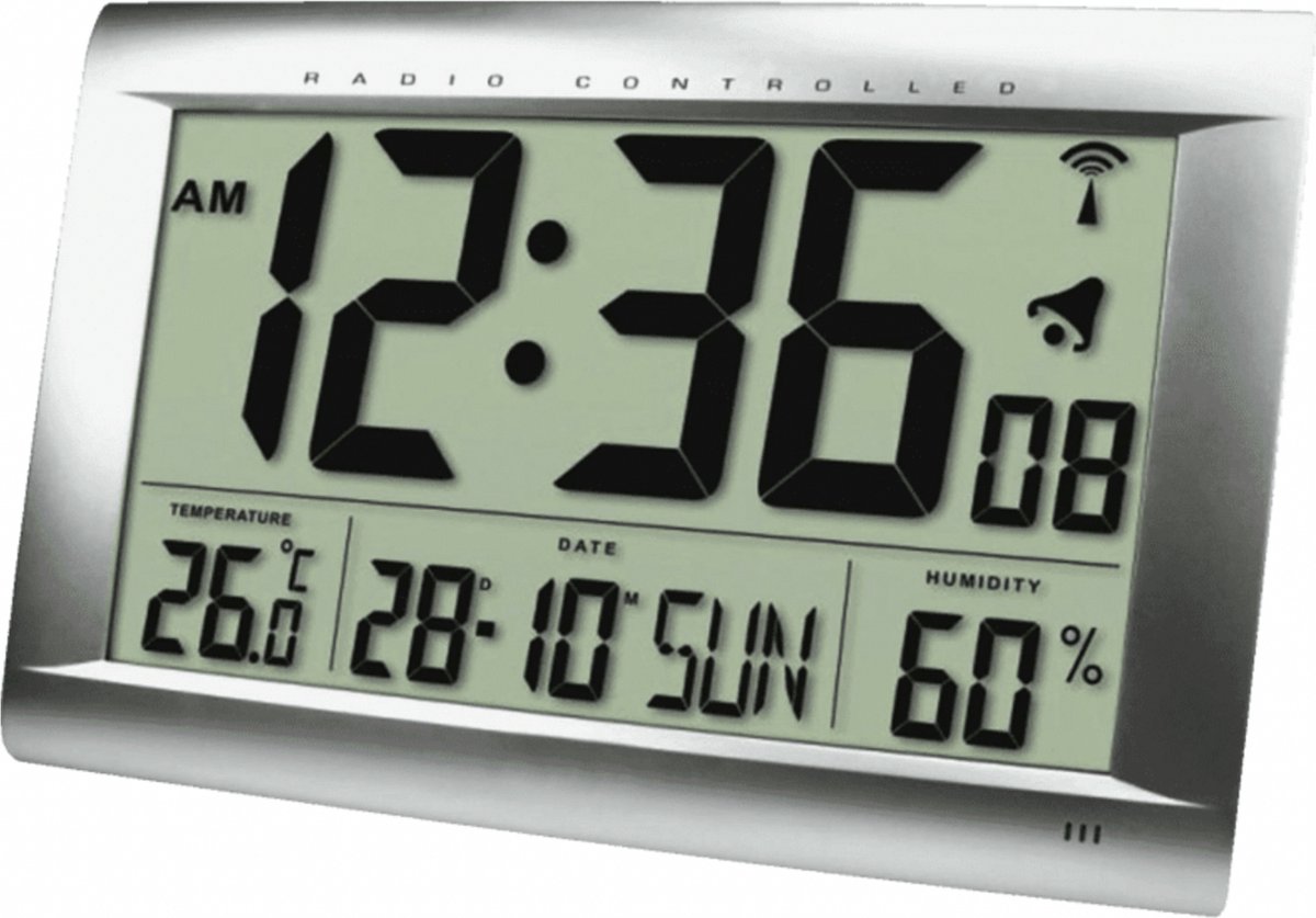 Technoline WS 8009 - Wandklok - Tafelklok - Rechthoek - Radiogestuurde tijdsaanduiding - 12/24H - Datumaanduiding - Alarm - Binnentemperatuur - Vochtigheid - Zilverkelurig - 407 x 43 x 270 m Zilverkleurig