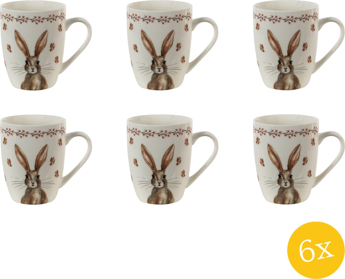 Clayre & Eef Mok set van 6 stuks 350 ml Beige Bruin Porselein Konijn Theemok