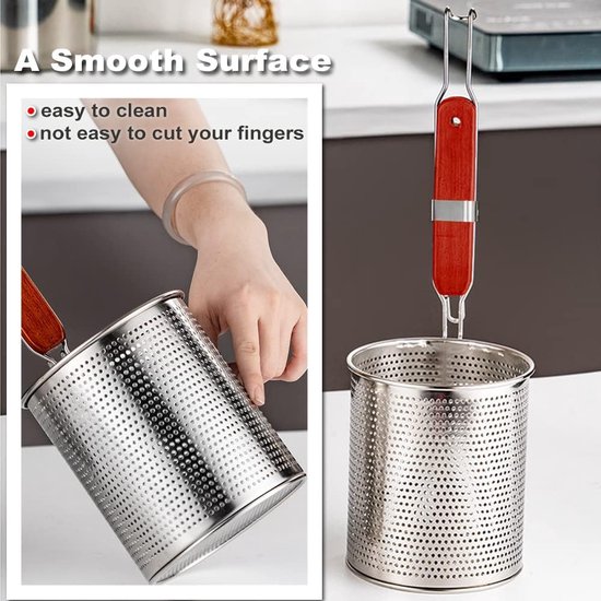 Lurrose Mesh Pasta Mand met Houten Handvat 14 cm Roestvrij Staal Micro- Geperforeerd Mesh Spider Voedsel Dumpling Noodle Zeef Keuken Fijn Zeef Vergiet voor Thuis
