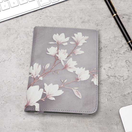 kwmobile e-reader hoesje geschikt voor Kobo Clara BW / Colour hoes - E reader flip case van kunstleer - Ereader cover met stand - Magnolia design in taupe / wit / blauwgrijs van Merkloos — afbeelding 4