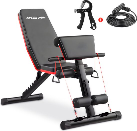 Foto: Atleetium fitnessbank halterbank bench press trainingsbank fitness bank verstelbaar en inklapbaar inclusief gratis springtouw handknijper