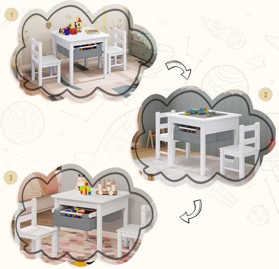 Kindertafel met 2 Stoelen en Opbergruimte – Kindermeubelset voor Leren Kindertafel met 2 Stoelen en Opbergruimte – Kindermeubelset voor Leren