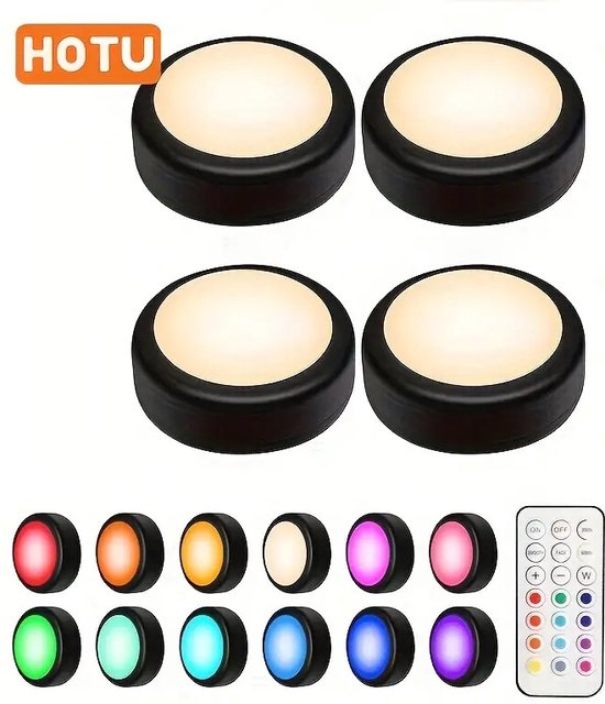 Zwarte spots - 4 Stuks - Spotjes Met Afstandsbediening - Keukenverlichting - Dimbare Spots - Puck Lamp - Meerdere kleuren - Onderkastverlichting
