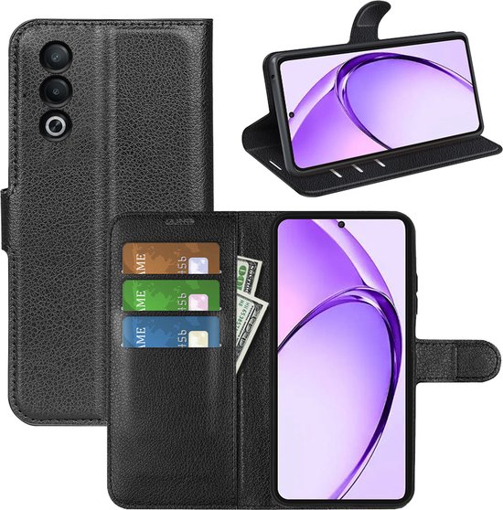 Zwart kunstleren wallet hoesje met vakjes voor kaarten en geld, geopend met smartphone.