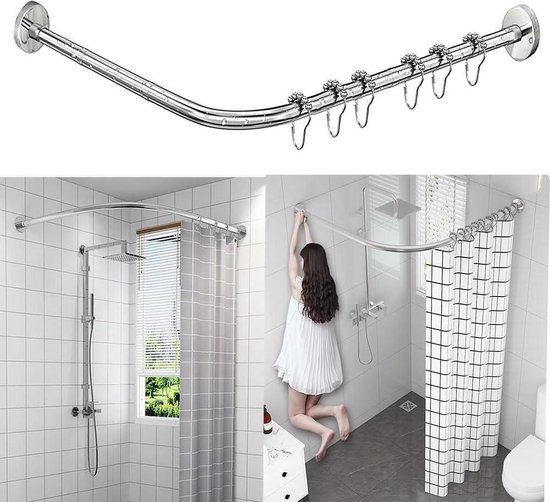 Stretchy Stainless Steel L Shape Corner Shower Curtain Rod - No ...