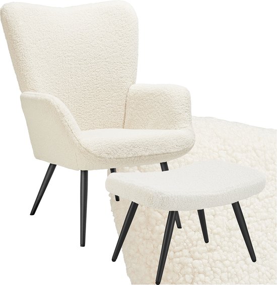 tectake® Oorfauteuil in Scandinavische stijl - Met hocker - Teddystoel Hygge - Stoel voor woonkamer, slaapkamer - Loungefauteuil - Zwart metalen poten - Draagvermogen tot 150 kg - Crème