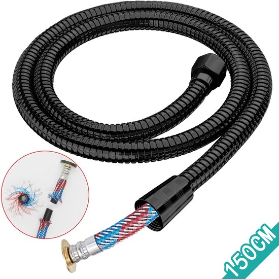 doucheslang, innovatieve en versterkte binnenband, doucheslang 1,5 m, doucheslang 150CM, doucheslangen 150 cm, G1/2 inch-connector Zwart
